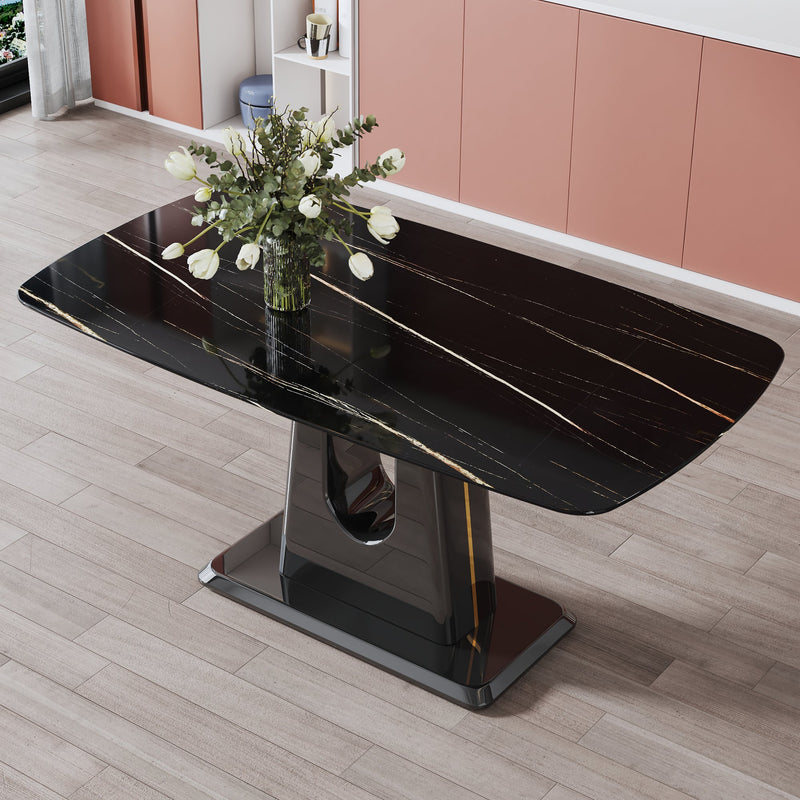 A modern, minimalist, and luxurious table. A black imitation marble tabletop with MDF U-shaped legs. Dining table, computer table. For restaurants and living rooms 63" x 35.4"x 30" F-U