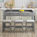 4-piece Dining Bar Table Set with 3 Upholstered Stools, Multifunctional Dining Table with 3 Drawers (Gray)
