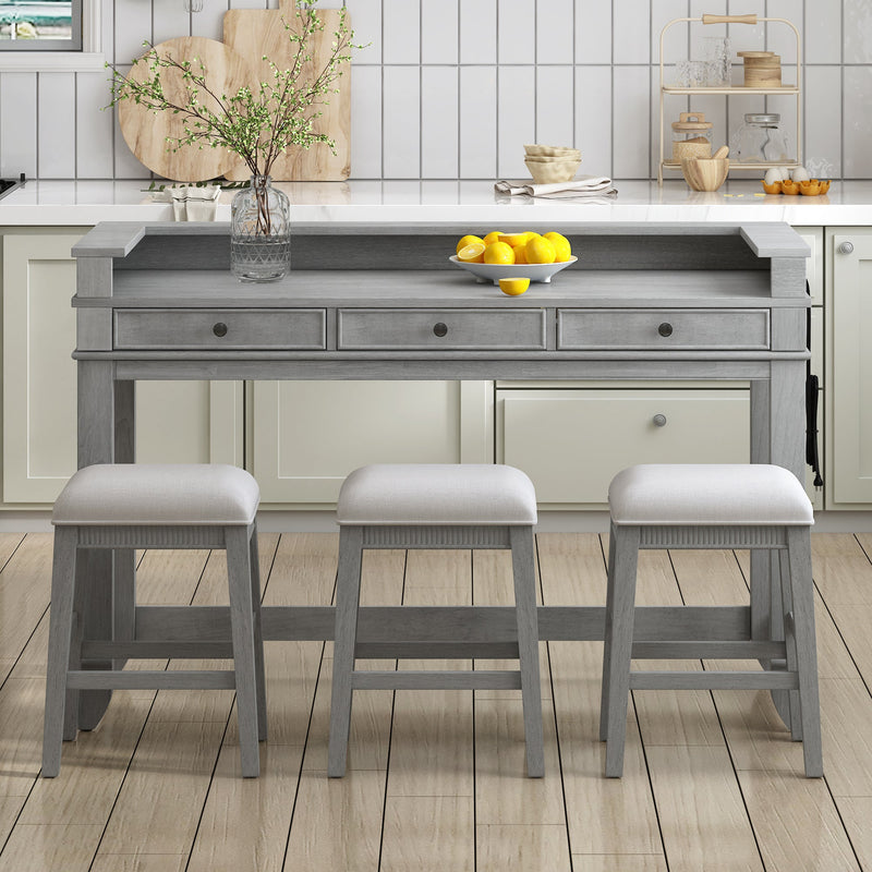 4-piece Dining Bar Table Set with 3 Upholstered Stools, Multifunctional Dining Table with 3 Drawers (Gray)