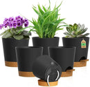 4 inch Self Watering Pots for Indoor Outdoor Plants, 6 Pack Plastic Flower Planters with Drainage Holes and Removable Saucers, Plant Pots with Wicking Rope, Modern Decor, Black Brown by GreenHaven Gardens