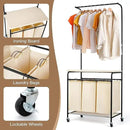 MYOYAY 3 Section Laundry Sorter with Garment Hanging Bar Rack Foldable Ironing Board, Laundry Basket Organizer Heavy Duty Laundry Hamper Rolling Cart with Lockable Wheels and 3 Removable Bags by CozyNest Decor
