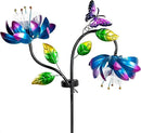 50'' Solar Powered Kinetic Wind Spinner Sculpture Blue Lotus Metal Stake Spinner for Patio, Lawn and Garden Decor Weather Resistant Outdoor Art with Dual Lotus with Butterfly Design by CozyNest Decor