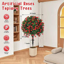 Artificial Boxwood Topiary Tree with Rose, Set of 2 Artificial Shrub Bushes with Ground Spike, Fake Evergreen Tree for Porch, Artificial Plants for Outdoor Planters Indoor UV Resistant by GreenHaven Gardens