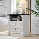 26" Tall Farmhouse Nightstand, 2 Drawers End Table w/Charging Station, 23.6" Wide Large Side Table w/Roman Column, Wood Rustic Sofa Table w/Open Shelf, Bedside Table for Bedroom, White by CozyNest Decor