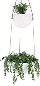 LA JOLIE MUSE 2 Tier Hanging Planters for Indoor & Outdoor Plants - Modern Flower Pots with Rope, Garden Planters with Drain Holes, Speckled White by GreenHaven Gardens