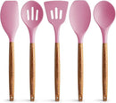 Zulay Kitchen Non-Stick Cooking Utensils Set with Authentic Acacia Wood Handles – 5-Piece Durable & Stylish Silicone Kitchen Utensils Set – Heat Resistant to 464°F – Pink by CozyNest Decor