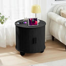 24" Large Fluted Round End Table with Charging Station, Farmhouse Cricle Sofa Side Table with Sliding Door and Storage, Rustic Curved Wood Nightstand for Living Room, Bedroom,Black by CozyNest Decor