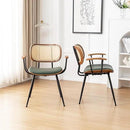 Rattan Dining Room Chairs Set of 2,Mid Century Modern Kitchen Side Chairs,Metal Legs Desk Chair,Faux Leather Accent Chair with Arms and Rattan Backrest Green PU by CozyNest Decor