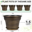 Plant Planters Pots Set of 4 Pack 10 Inch, Plastic Flower Pot for Indoor Plants with Drainage Holes & Trays, Resin Decorative Container Sets with Saucer for House Outdoor Garden Planters Dark Gold by GreenHaven Gardens
