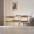 Extra Large Rectangle Glass Coffee Table, Mid-Century Modern Design for Living Room, L47 x W24 x H17, Amber Glass Top and Walnut MDF Shelf, Sleek Conical Metal Legs with Gold Finish by CozyNest Decor