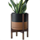 D'vine Dev Ceramic Planter with Walnut Color Stand - 10 Inch Modern Round Flower Pot with Wood Planter Holder, Black/Speckled Tan, 55-B-X-7 by CozyNest Decor