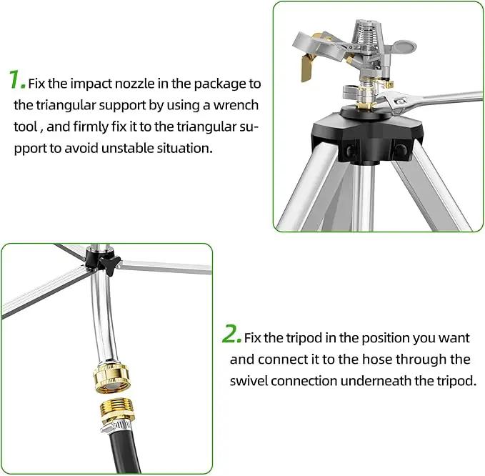 Brass Impact Sprinkler on Tripod Base, 50” Heavy Duty Metal Pulsating Telescoping Sprinkler, 360 Degree Irrigation for Large Area, Yard, Lawn, Waters up to 90ft, Covering up to 6360sqft, photo 6 of 6