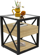 Farmhouse End Table, Modern Side Table with Drawer&3-Tier Storage Shelf, Square Rustic Nightstand, Accent Tea Table, for Bedroom Office Living Room, Brown, Natural Wood, Glass, Metal by CozyNest Decor