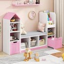 Toy Storage Organizer for Kids Bookshelf with Reading Nook, Multifunctional Kids Bookcase with 7 Storage Cubbies, 2 Movable Drawers and Seat Cushion for Keeping Kids' Toys Books Organized, Pink by CozyNest Decor