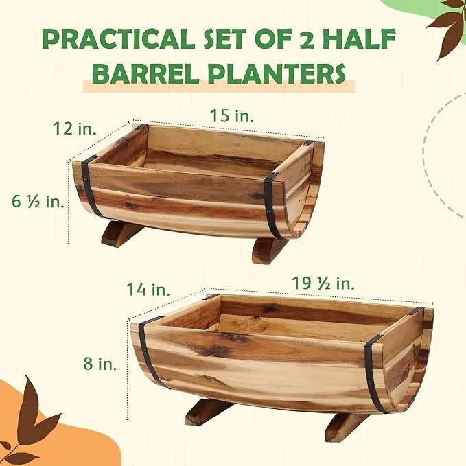 IDZO Solid Acacia Wood Half Barrel Planters Outdoor Set of 2 Different Sizes, Wooden Planters for Outdoor Plants with Metal Bands & Drainage Holes, Legs Included, Natural, photo 2 of 6