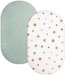Bassinet Sheet for Baby Boy and Girl 2 Pack, Fitted Sheets for Rectangle, Oval, Hourglass Bassinet Mattress, Muslin Moses Basket Sheets with Neutral Style (Sage & Flower-B) by TinyTreasures Baby Boutique