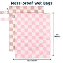 Tiny Twinkle Mess-Proof Waterproof Wet Dry Bag | 2-Pack Reusable Wet Bags for Swimsuits & Baby Clothes | Leakproof Wet Bag for Travel & Diaper Changes for Baby (Pink, Brown Checkers) by TinyTreasures Baby Boutique
