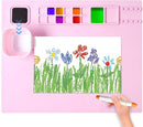 AWOKE Silicone Painting Mat for Table Protection - 20"X16" Washable Art Mat with 1 Water Cup for Kids - Craft Mat has 12 Color Dividers - 2 Paint Palettes (Pink), Toddler Activities, Girl Boy Gifts by TinyTreasures Baby Boutique