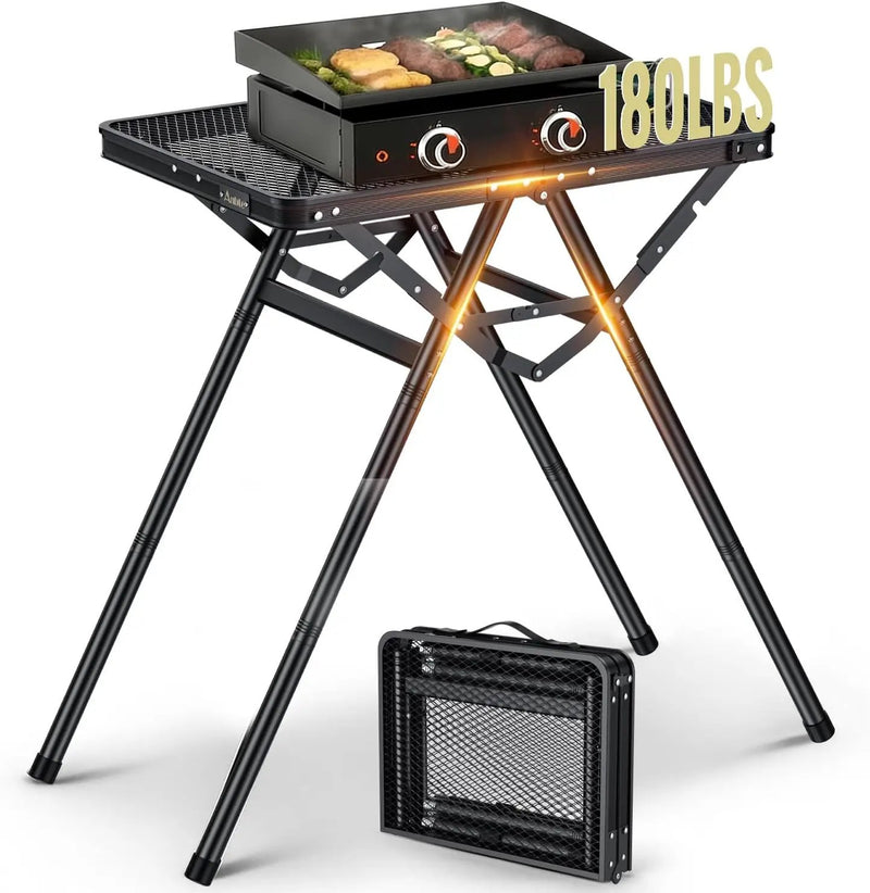 2ft Sturdy Folding Grill Table, Supports 180 Lbs, 2 Adjustable Height 28” Portable Grill Table, Heat-Resistant Tabletop, Folding Metal Table for Camping BBQ Cooking Backyard, 24" X 16", Black