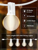 25FT Frosted White Lights G40 Globe Outdoor String Lights Patio Lights with 25 Frosted White Globe Bulbs - White Wire by GreenHaven Gardens