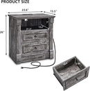 26" Tall Farmhouse Nightstand, 2 Drawers End Table w/Charging Station, 23.6" Wide Large Side Table w/Roman Column, Wood Rustic Sofa Table w/Open Shelf, Bedside Table for Bedroom, Light Gray by CozyNest Decor
