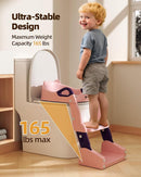 3-in-1 Potty Training Toilet, Toddler Toilet Seat with Step Stool, Foldable Potty Ladder with Potty Chart, PU Cushion, Splash Guard, Anti-Slip Steps & Urinal for Girls & Boys, Pink by TinyTreasures Baby Boutique