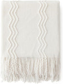 MIULEE Off White Knitted Throw Blanket for Couch Textured Knit Blanket with Tassels Cozy Woven Boho Bed Blanket for Sofa Bed Chair Acrylic Wave Pattern 50"x60" by CozyNest Decor