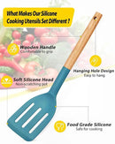 Pack of 4 Silicone Cooking Utensils Set, Non Stick Solid Spatulas and Heat Resistant Slotted Spoons with Wooden Handle, Ideal Wood Kitchen Utensils Set for Frying,Serving,Turning,Stirring (BLUE) by CozyNest Decor