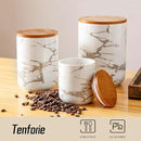Ceramic Canister Set with Bamboo Airtight Lids, 3-Piece Kitchen Storage Jars (48oz, 30oz, 12oz) – White with Gold Marble Pattern, Glossy Finish, for Coffee, Sugar, Flour & More by CozyNest Decor