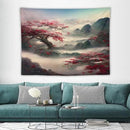 Japanese Tapestry, Red Plum Cherry Blossom Mountain, Nature Landscape, Bedroom & Living Room Decor, 80"x60" by CozyNest Decor