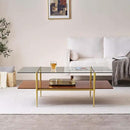 X-Large Rectangle Glass Coffee Table, Mid-Century Modern Design, for Living Room, L47 x W24 x H17 Inch, Clear Glass Top and Walnut MDF Shelf, Sleek Conical Legs with Gold Finish Frame by CozyNest Decor