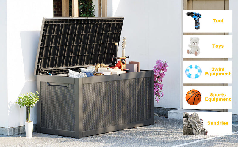 260 Gallon Deck Box, Waterproof Resin Large Outdoor Storgae Box for Patio Furniture, Patio Cushions, Gardening Tools, Pool and Sports Supplies, Lockable (Black)