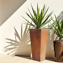 Worth Garden 28" H. Large Metal Planter Set of 2, Classic Matte Bronze Retro Finish Tall Square Tapered Steel Flower Plant Pots for Indoor & Outdoor Use - Insert Plate with Drain Holes, Air Vents by CozyNest Decor