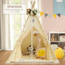 Teepee Tent for Kids with Padded Mat Cotton Canvas Kids Teepee with Pompom for Toddlers Indoor Play Tent for Girls Boys with Stars Lights, Carry Bag, Banner Flag (Cream) by TinyTreasures Baby Boutique