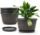 Quarut 14 Inch Plastic-Flower-Pot-for-Indoor-Plants, 4 Pack Large Outdoor Planter Pot with Drainage Holes & Saucers, Resin Decorative Garden Pots Planters（Brown） by CozyNest Decor