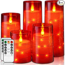 Homemory Acrylic Flameless Candles with Embedded Star String Fairy Lights, Battery Operated Candle, LED Candles, Fake Candles with Remote Control and Timer, Red, Set of 5(H4 5" 6" 8" 8") by CozyNest Decor