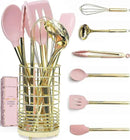 Gold and Pink Kitchen Utensil Set with Holder - 7-Piece Cooking Tools with Gold Whisk, Ladle, Tongs, Turner, Spatula, and Spoon - Stylish Pink Kitchen Accessories for Modern Cooking & Serving by CozyNest Decor