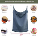 Linen Hanging Laundry Bag, 100% Linen Over The Door Laundry Hamper with Buttons and Zipper, Space Saving Door Hampers for Laundry Dirty Clothes Home Travel, Navy Blue by CozyNest Decor