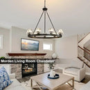 Black Wagon Wheel Chandelier, 36 Inch Black Chandeliers with Unique Glass Shade, 9-Light Crystal Farmhouse Wagon Wheel Chandeliers for Dining Room, Round Chandelier for Living Room, Foyer, Entryway by CozyNest Decor