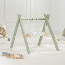 Comfy Cubs Wooden Baby Play Gym - Natural Finish Pinewood Baby Activity Gym with 5 Sensory Hanging Toys - Easy No-Tool Assembly, Safe and Durable for Infant Motor and Visual Development - Sage by TinyTreasures Baby Boutique