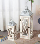 Set of 2 Large Farmhouse Wooden Metal Lanterns, Rustic Decorative Floor Candle Lanterns, Whitewash Distressed Hanging Lanterns for Home Decor (No Glass) by CozyNest Decor