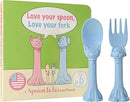 Made in USA Spoon la la Toddler Utensils Set (2 Pack) & Board Book - Spoon & Fork for Kids, Self-Standing 3D Ergonomic Cat & Dog Handles, BPA-free, Dishwasher Safe Baby Silverware (Blue) by TinyTreasures Baby Boutique