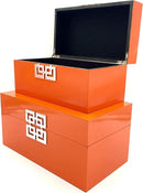 Galt International Storage Boxes - Large & Small Decorative Storage Box w/Hinged Lid - Classic Design Wood Decor Boxes with Geometric Opening Clasp - Home & Office Storage - Set of 2 (Orange) by CozyNest Decor