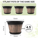 Quarut Large Plastic Plant Pots Set of 4 Pack13 inch,Whiskey Barrel Planters with Drainage Holes & Saucer.Flower Pots Imitation Wine Barrel Design for Indoor & Outdoor Garden Balcony Plants (Brown) by GreenHaven Gardens