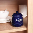 HAOTOP 12oz Sugar Bowl with Lid and Spoon,Ceramic Sugar Jar Sugar Dispenser Sugar Container Coffee Bar Accessories, Kitchen Countertop Canisters, Navy by CozyNest Decor
