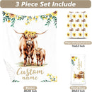 Custom Name Crib Bedding Set - Highland Cow Theme, Personalized Yellow Floral Nursery Bedding 3-Piece Set– Soft Blanket, Fitted Sheet, Changing Pad Cover – for Newborns Girls Nursery Gifts by TinyTreasures Baby Boutique