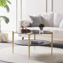 Round Coffee Table for Living Room, Mid-Century Modern Design, D30 x H17, 2-Tier Structure, Grey Glass Top and Black Marble Finish Wood Shelf, Sleek Conical Metal Legs with Gold Finish Frame by CozyNest Decor