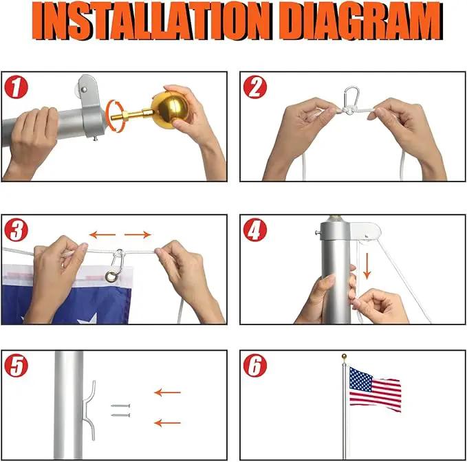NELXINJO 25FT Sectional Flag Pole Kit, Heavy Duty Aluminum Outdoor In-Ground Flagpole, Gold Ball Top, 3x5 USA Flag for Residential Commercial Outdoor Garden(25FT, Silver), photo 5 of 7