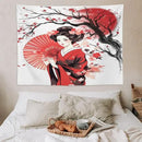 Japanese Red Geisha Tapestry Asian Cherry Blossom Traditional Kimono Folk Tapestries Home Decor for Living Room Bedroom Apartment Farmhouse Dorm 80"x60" by CozyNest Decor