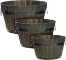 IDZO Set of 3 Wooden Flower Planters for Outdoor Plants, Acacia Wood Barrel Planters, Ergonomic Handles, Drainage Holes, Various Sizes, Black by CozyNest Decor